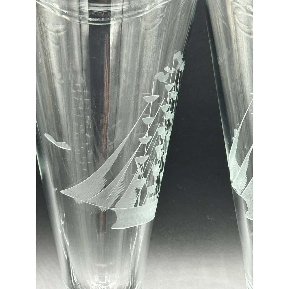 Vintage Etched Clipper Ship & Birds Pilsner Glasses Footed Beer Goblets Set 4